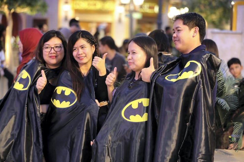 ABU DHABI ,  UNITED ARAB EMIRATES , SEPTEMBER 21 – 2019 :- People wearing capes and taking part in the Guinness World Record for the Batman’s 80th anniversary held at Warner Bros  in Abu Dhabi. ( Pawan Singh / The National ) For News/Online/Instagram