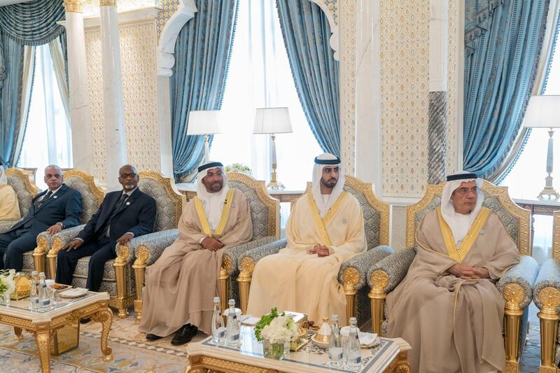 ABU DHABI, UNITED ARAB EMIRATES - September 18, 2018: (R-L) HE Zaki Anwar Nusseibeh, UAE Minister of State,  , HE Omar bin Sultan Al Olama, UAE Minister of State for Artificial Intelligence, HE Ahmed bin Al Sayegh, Minister of State, Altayeb Abdul Ghafour Abdul Wahab and Judge Sabri Shams Aldeen Mohamed, attend the swearing-in ceremony for ministers of the United Arab Emirates.

(Rashed Al Mansoori / Crown Prince Court - Abu Dhabi )
---