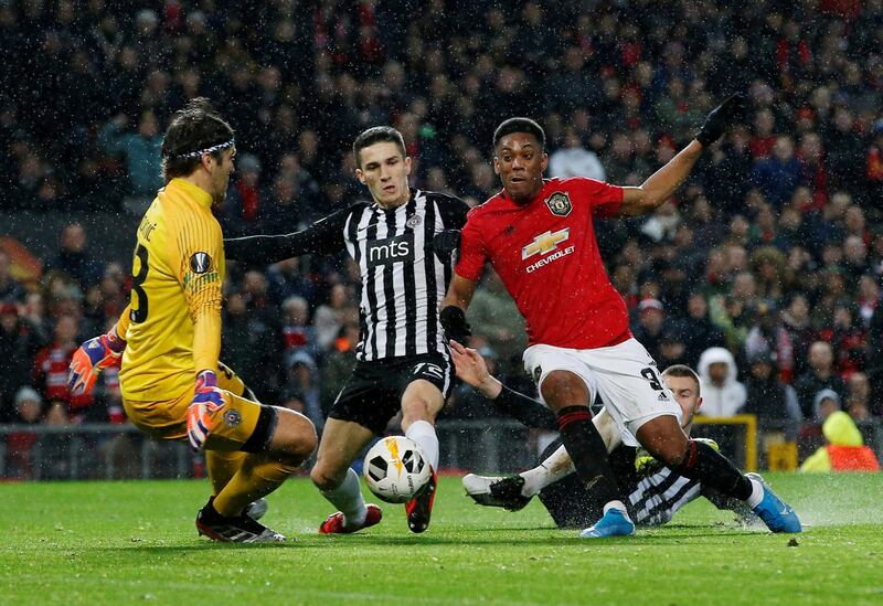Manchester United's Anthony Martial scores their second goal against Partizan Belgrade. Reuters