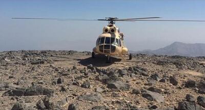 A rescue helicopter in Wadi Naqab, Ras Al Khaimah. The wadi is a popular hiking area. 