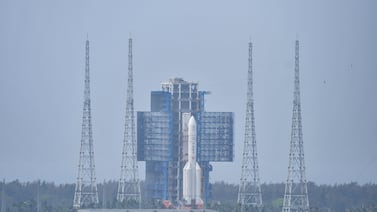 The Chang'e 6 lunar probe and the Long March-5 Y8 carrier rocket combination sit atop the launch pad at the Wenchang Space Launch Site in Hainan province, China. Reuters