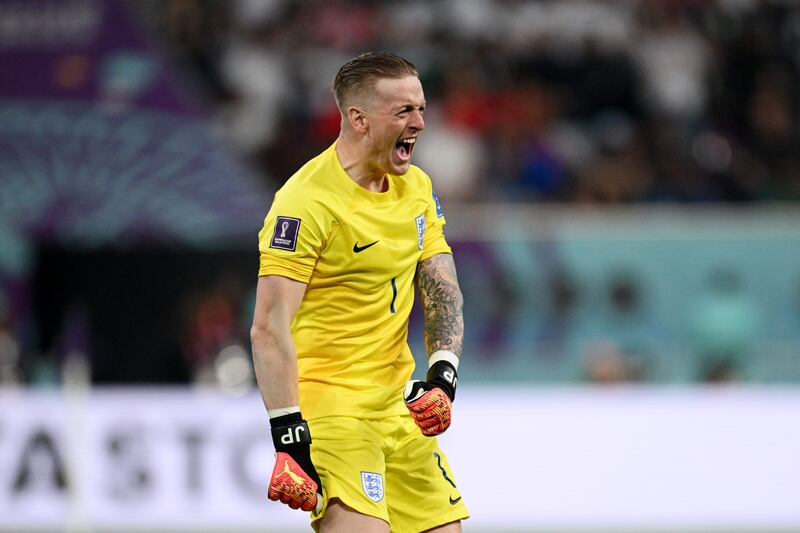 England goalkeeper Jordan Pickford celebrates the third goal. Getty