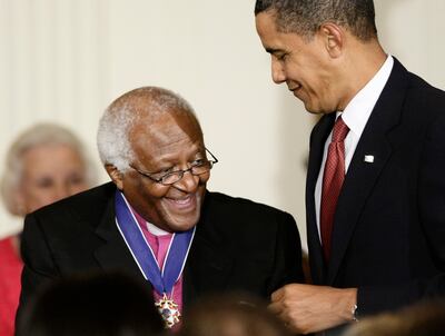 Barack Obama hands Presidential Medal of Freedom, the highest US civilian honour, to Desmond Tutu in 2009. AP