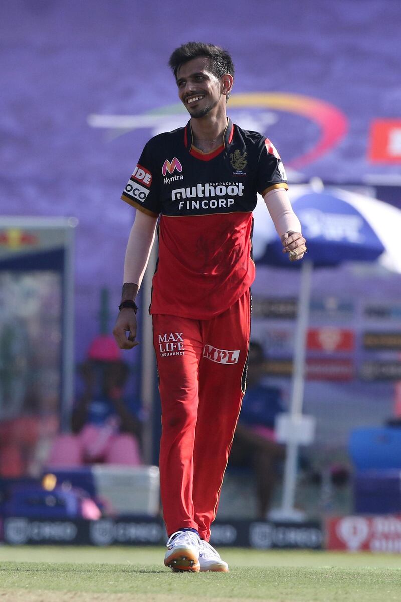 Yuzvendra Chahal of Royal Challengers Bangalore celebrates the wicket of Mahipal Lomror of Rajasthan Royals  during match 15 of season 13 of Indian Premier League (IPL) between the Royal Challengers Bangalore and the Rajasthan Royals at the Sheikh Zayed Stadium, Abu Dhabi  in the United Arab Emirates on the 3rd October 2020.  Photo by: Pankaj Nangia  / Sportzpics for BCCI