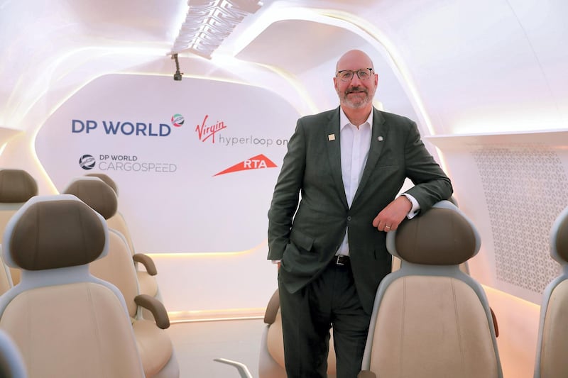 ABU DHABI ,  UNITED ARAB EMIRATES , SEPTEMBER 10 – 2019 :- Jay Walder, Virgin Hyperloop One CEO inside the model of Hyperloop One at the World Energy Congress held at ADNEC in Abu Dhabi. ( Pawan Singh / The National ) For News. Story by Daniel Sanderson