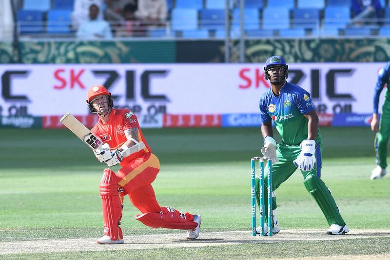 Islamabad United, in red, in action against Multan Sultans during the Pakistan Super League march in Dubai on Saturday, February 16. Courtesy Pakistan Cricket Board