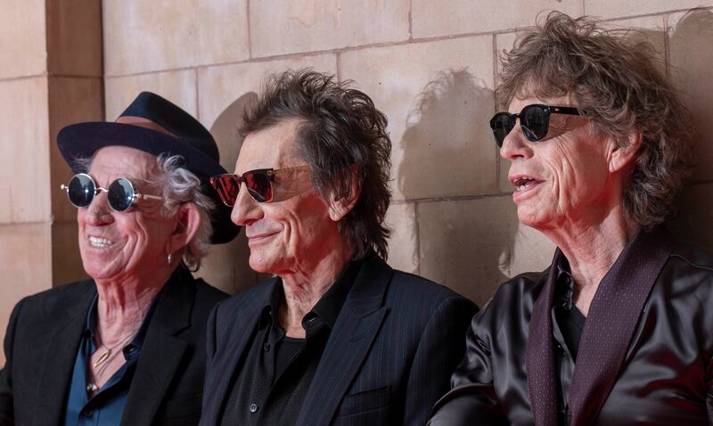 From left, Keith Richards, Ronnie Wood and Sir Mick Jagger at the album launch in London. Getty Images