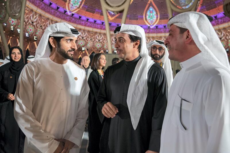 DUBAI, UNITED ARAB EMIRATES - January 29, 2020: HH Sheikh Mansour bin Zayed Al Nahyan, UAE Deputy Prime Minister and Minister of Presidential Affairs (C) and HH Sheikh Hamdan bin Mohamed Al Maktoum, Crown Prince of Dubai (L), attend the opening of Al Wasal Plaza at Expo 2020 Dubai site.

( Mohamed Al Hammadi / Ministry of Presidential Affairs )
---