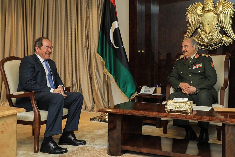 Field Marshall Khalifa Haftar (R) meeting with Algeria's Foreign Minister Sabri Boukadoum in the coastal city of Benghazi in eastern Libya, to discuss Algiers' efforts for a political solution to the Libyan conflict. AFP