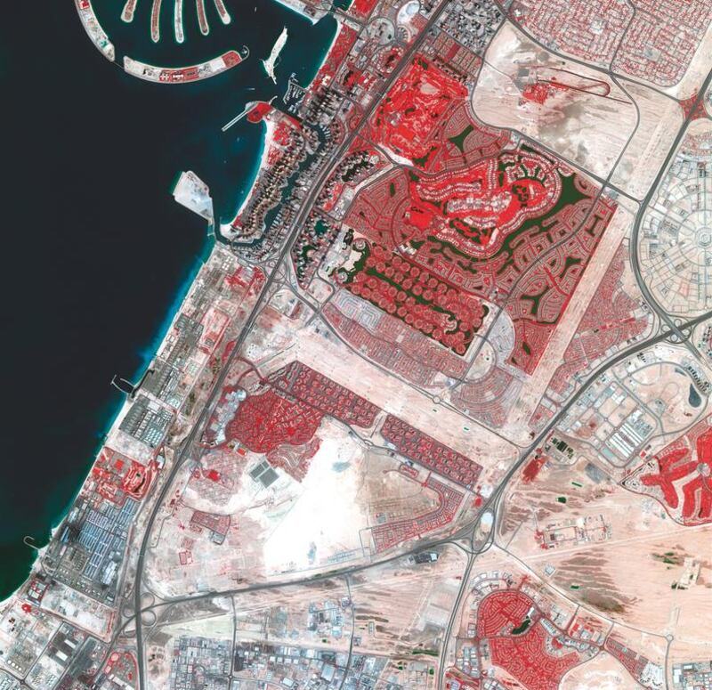 The photograph uses false colours to represent certain types of areas. Vegetation is marked in red. Courtesy Dubai Media Office