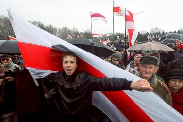 Roman Protasevich, a prominent opponent of Belarus' authoritarian president, attends an opposition rally in Minsk years ago. Protasevich has been arrested after the airliner in which he was travelling was diverted to the country after a bomb threat. AP Photo