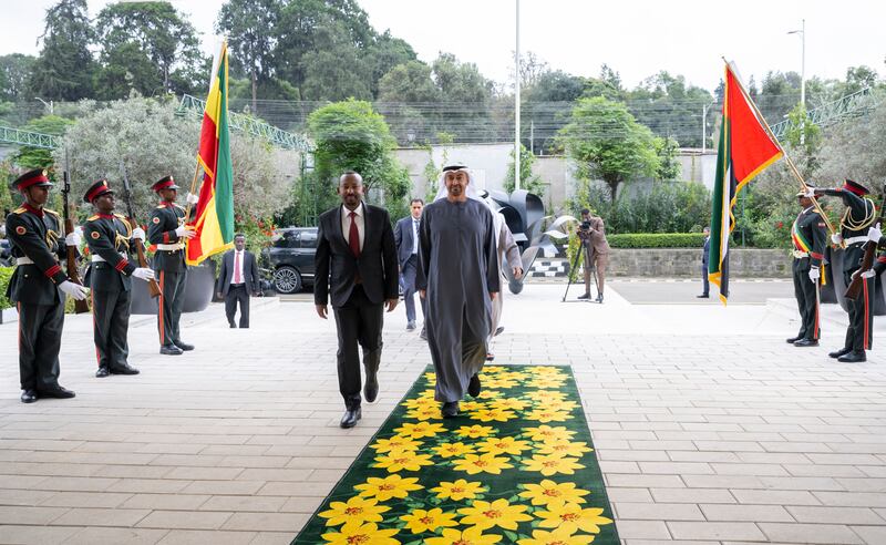 President Sheikh Mohamed and Mr Abiy arrive at the office of the Prime Minister in Addis Ababa