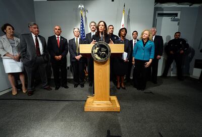 LOS ANGELES, CA - MAY 17: California Attorney General Kamala Harris speaks at a news conference on May 17, 2013 at the Los Angeles Civic Center in Los Angeles, California. Harris hosted a meeting of the state's district attorneys to develop recommendations on reducing gun violance.   Kevork Djansezian/Getty Images/AFP