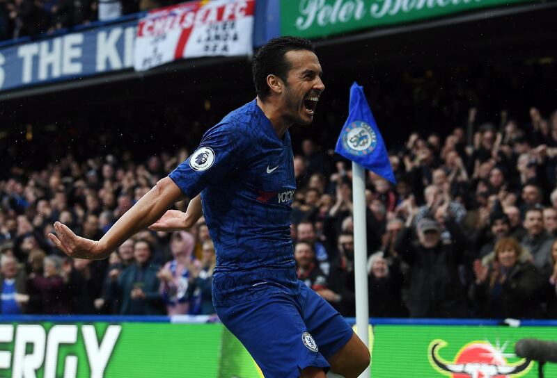 Pedro celebrates after scoring for Chelsea against Everton. EPA