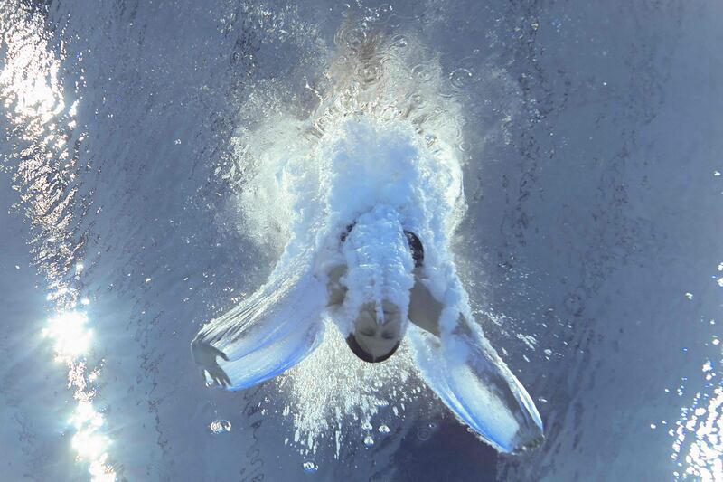 Russia's Mariia Poliakova after completing a dive in the women's 3-metre springboard diving final at the Tokyo Olympics.