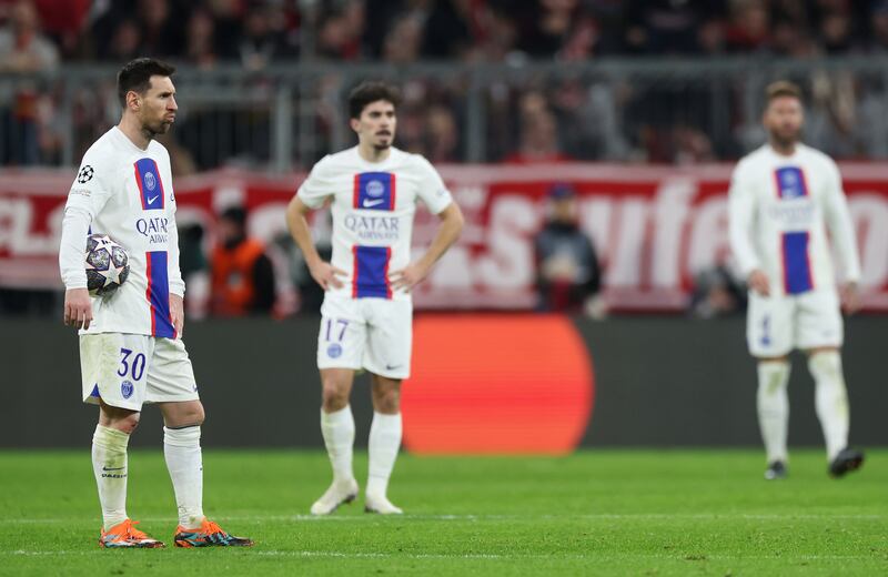 PSG's Lionel Messi looks dejected after Eric Maxim Choupo-Moting's goal for Bayern Munich. Getty