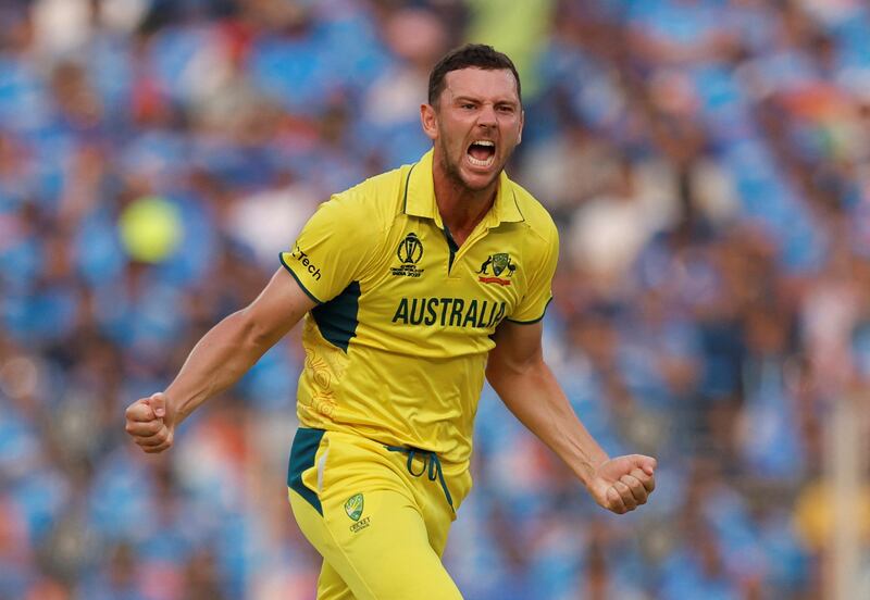 Australia's Josh Hazlewood celebrates after taking the wicket of India's Ravindra Jadeja, caught by Josh Inglis. Reuters