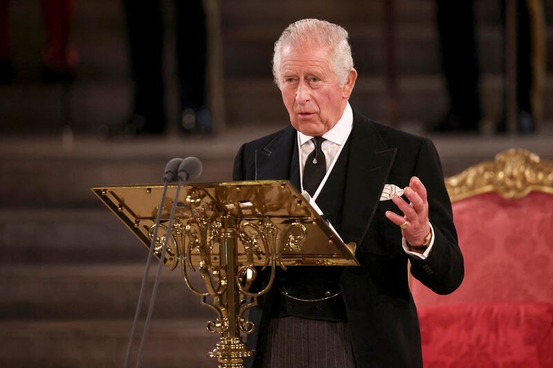 King Charles III speaks at Westminster Hall, where both Houses of Parliament were meeting on Monday to express their condolences after the death of Queen Elizabeth II. AP