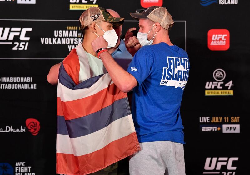 ABU DHABI, UNITED ARAB EMIRATES - JULY 10: (L-R) Opponents Martin Day and Davey Grant of England face off during the UFC 251 official weigh-in inside Flash Forum at UFC Fight Island on July 10, 2020 on Yas Island Abu Dhabi, United Arab Emirates. (Photo by Jeff Bottari/Zuffa LLC)