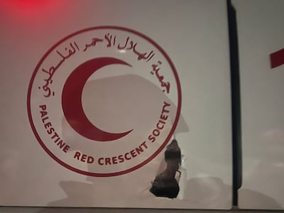Bullet holes in the side of an ambulance in Ramallah. Photo: Red Crescent