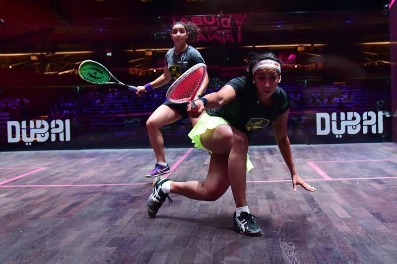 Nouran Gohar, right, won her opening match against fellow Egyptian Raneem El Welily at the PSA Dubai World Series Finals on Tuesday. Giuseppe Cacace / AFP