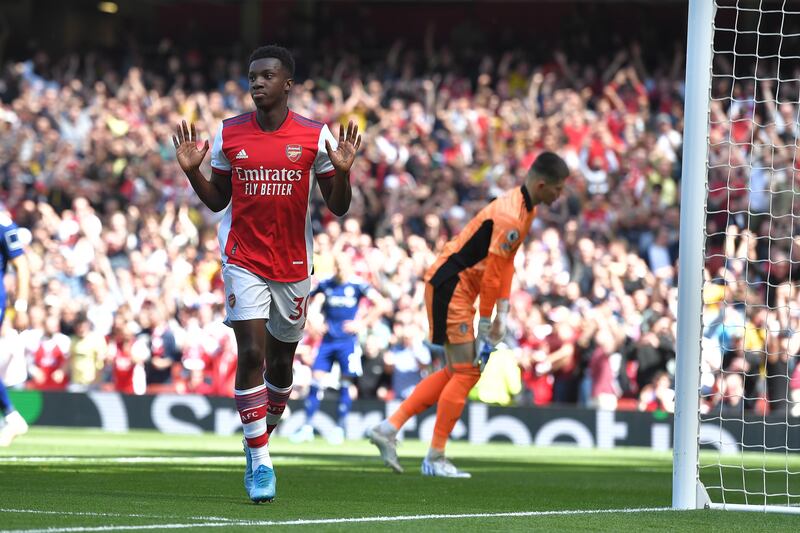 Eddie Nketiah after scoring past Leeds' goalkeeper Illan Meslier on Sunday. EPA