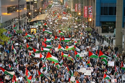 Thousands of pro-Palestinian and Palestinian Americans march towards the Israeli Consulate during a protest in Chicago, on October 18.  AP