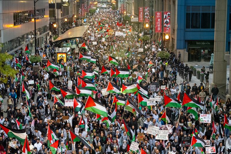 Thousands of pro-Palestinian and Palestinian Americans march towards the Israeli consulate in Chicago during a protest. AP