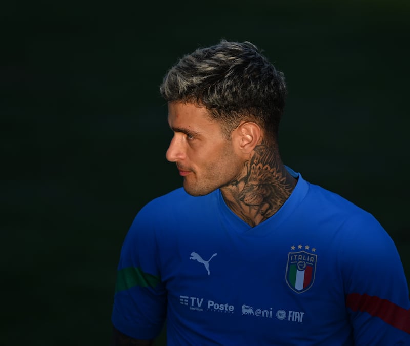 Gianluca Scamacca during a training session at Centro Tecnico Federale di Coverciano. Getty