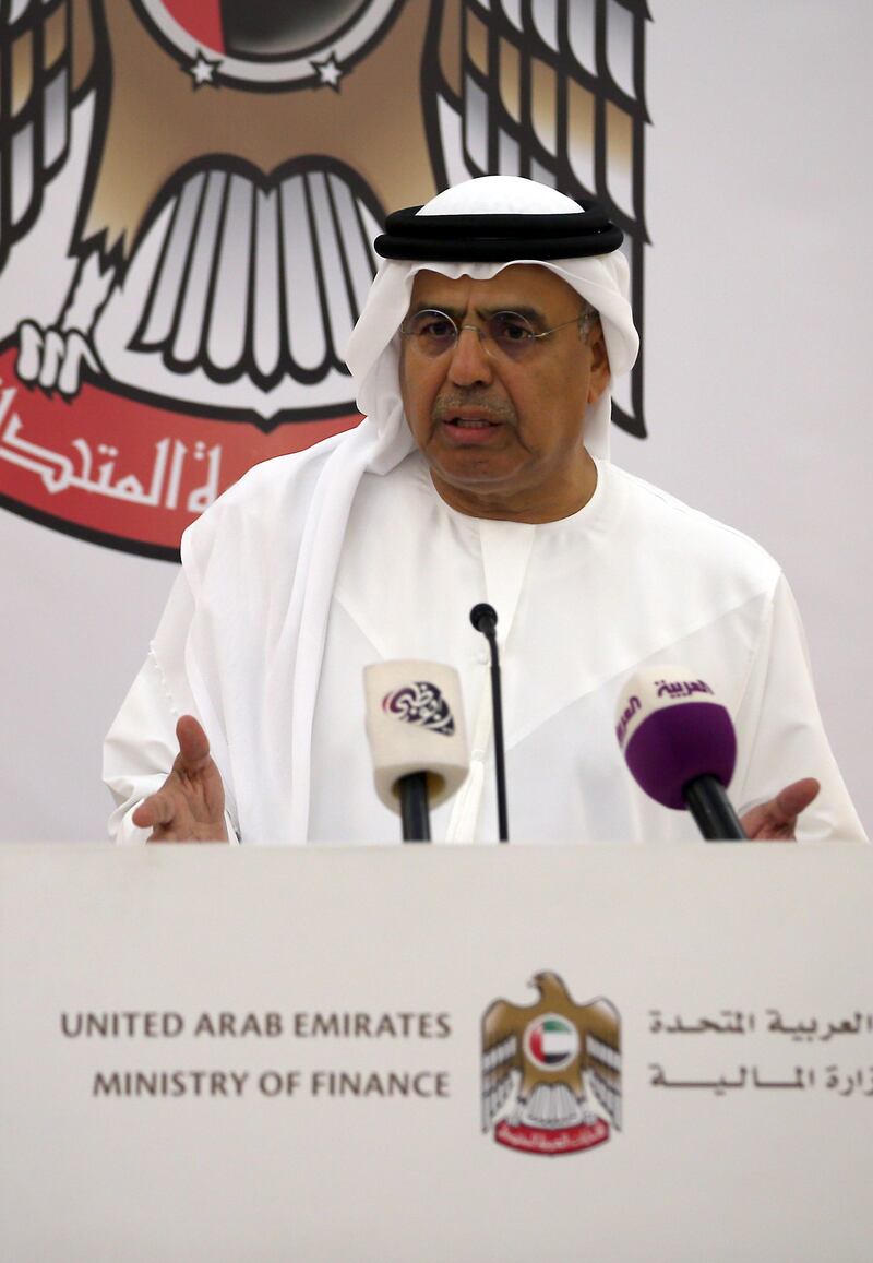 ABU DHABI - UNITED ARAB EMIRATES - 06SEPT2016 - Obaid Humaid Al Tayer, Minister of State for Financial Affairs announcing Financial Restructuring and Bankruptcy Law approved by the UAE Cabinet at the Media round table yesterday at the Ministry of Finance in Abu Dhabi. Ravindranath K / The National (to go with Mahmoud Kassem story for Business) ID: 71420 *** Local Caption ***  RK0609-BankruptcyRoundtable11.jpg