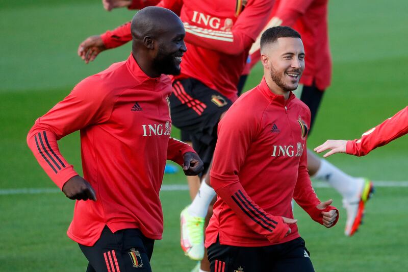 Belgian players Eden Hazard and Romelu Lukaku during training ahead of their Nations League semi-final against France. EPA