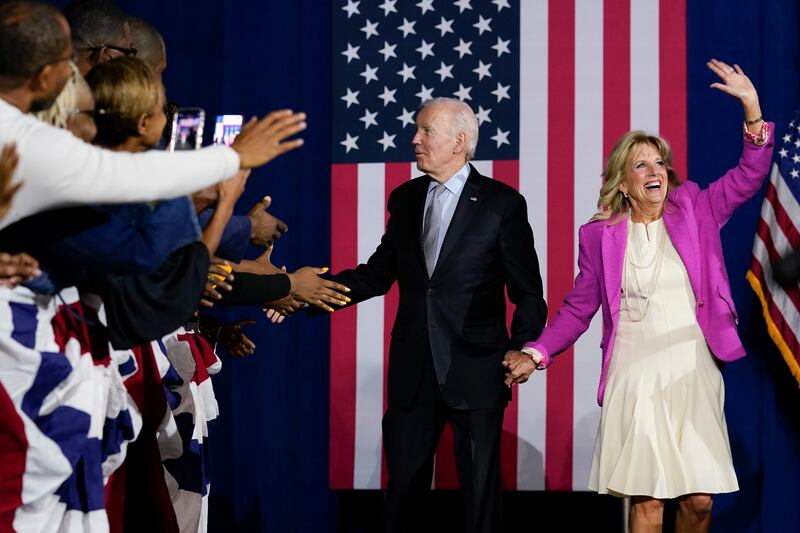 President Joe Biden and first lady Jill Biden arrive for the rally at Bowie State University, in Maryland. AP 