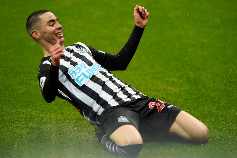 Newcastle's Miguel Almiron celebrates after scoring his side's third goal during the English Premier League soccer match between Newcastle and Southampton, at St. James' Park Stadium in Newcastle, England, Saturday, Feb. 6, 2021. (Owen Humphreys, Pool via AP)
