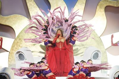 Beyonce joined by Lebanese dance troupe Mayyas during her performance at Atlantis The Royal. Getty