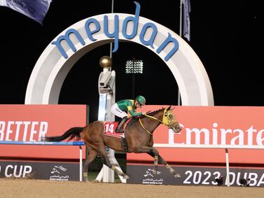 Yuga Kawada guides Ushba Tesoro to victory at the Dubai World Cup, at Meydan Racecourse, on March 25, 2023. Chris Whiteoak / The National