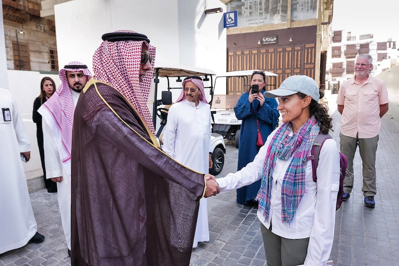 Mazin Hamad Alhimali, Director-General of Foreign Affairs Branch in Makkah Region, greets Reem Philby on arrival in Jeddah's old town