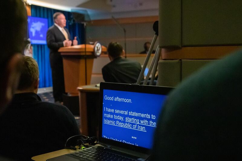 US Secretary of State Mike Pompeo speaks to the media in the briefing room at the State Department in Washington.  EPA