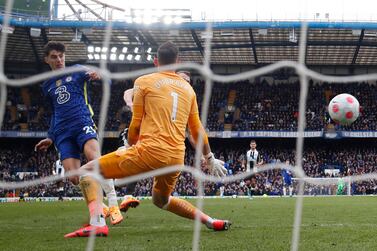 Soccer Football - Premier League - Chelsea v Newcastle United - Stamford Bridge, London, Britain - March 13, 2022 Chelsea's Kai Havertz scores their first goal Action Images via Reuters/Matthew Childs EDITORIAL USE ONLY.  No use with unauthorized audio, video, data, fixture lists, club/league logos or 'live' services.  Online in-match use limited to 75 images, no video emulation.  No use in betting, games or single club /league/player publications.   Please contact your account representative for further details. 