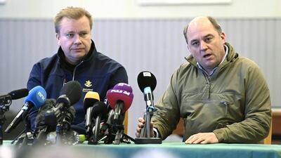 The defence ministers of Finland and Britain, Antti Kaikkonen (L) and Ben Wallace, attend a news conference after watching joint military exercises in Finland on Wednesday. Reuters