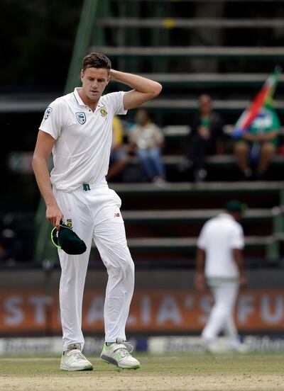 South Africa's bowler Morne Morkel reacts at the end of his over on day three of the fourth cricket test match between South Africa and Australia at the Wanderers stadium in Johannesburg, South Africa, Sunday, April 1, 2018. (AP Photo/Themba Hadebe)