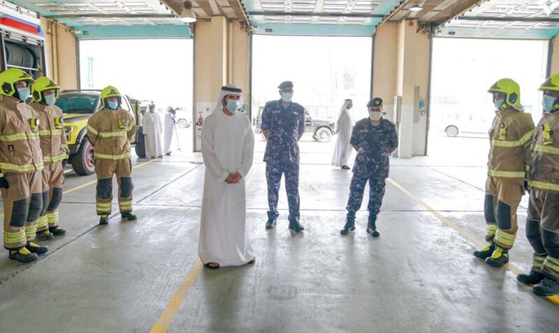 Hamdan bin Mohammed during his visit this morning to General Administration of Civil Defense in Al Qusais. Courtesy: Dubai Media Office Twitter