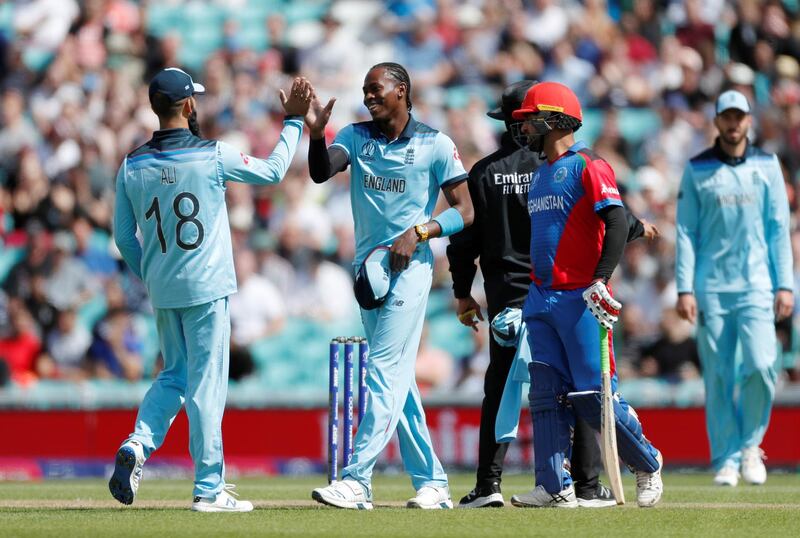 Cricket - ICC Cricket World Cup warm-up match - England v Afghanistan - Kia Oval, London, Britain - May 27, 2019   England's Jofra Archer celebrates taking the wicket of Afghanistan's Rahmat Shah   Action Images via Reuters/Paul Childs