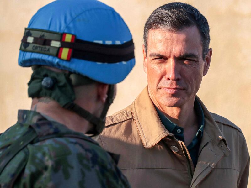 Spanish Prime Minister Pedro Sanchez visits soldiers at the Miguel de Cervantes base in the southern Lebanese town of Marjayoun. AFP