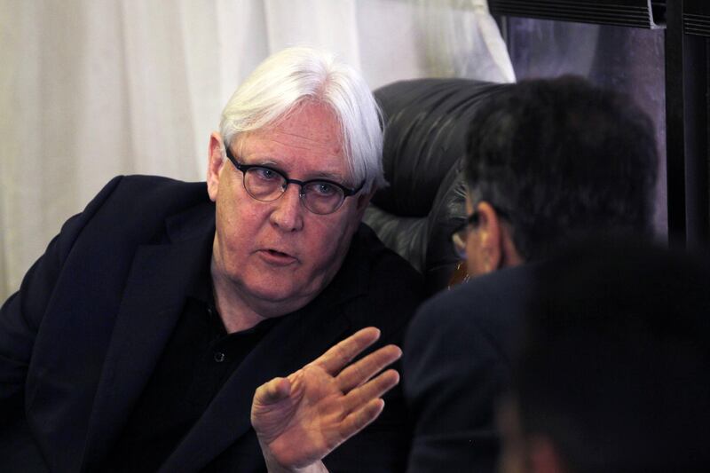 epa06812653 UN Special Envoy to Yemen Martin Griffiths (L) talks to Houthi representatives during a meeting in Sana'a, Yemen, 16 June 2018. According to reports, UN Special Envoy to Yemen Martin Griffiths arrived in Sana'a for talks with Houthi representatives on the western port of Hodeida where Yemeni government forces backed by the Saudi-led coalition are battling Houthi rebels.  EPA/YAHYA ARHAB