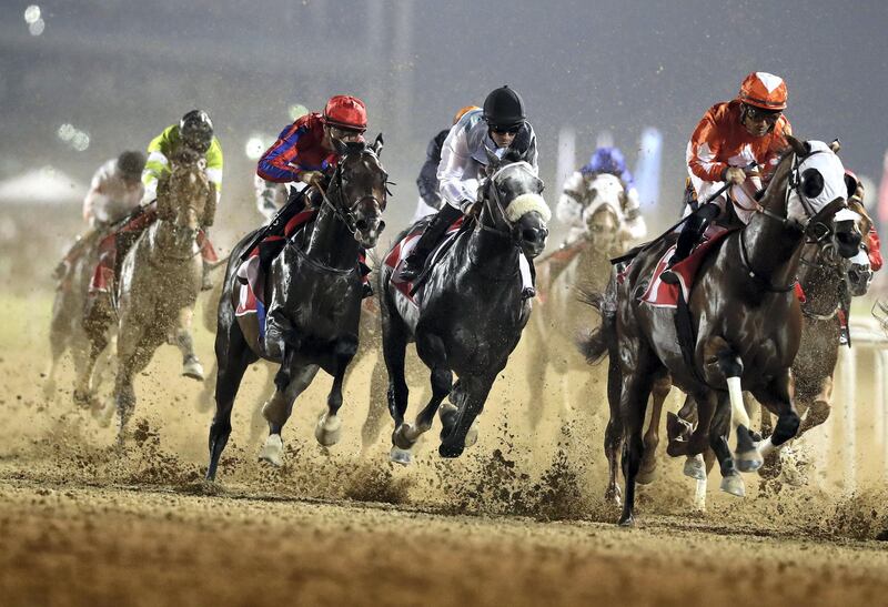 Dubai, United Arab Emirates - October 24, 2019: Runners in the Arabian Adventures race on the opening meeting of the new season. Thursday the 24th of October 2019. Meydan Racecourse, Dubai. Chris Whiteoak / The National