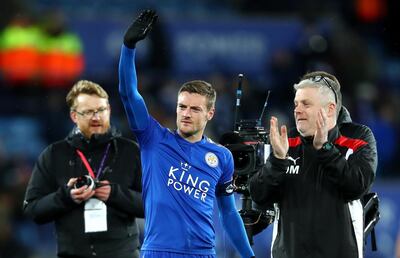LEICESTER, ENGLAND - JANUARY 16:  Jamie Vardy of Leicester City salutes the Fleetwood fans after The Emirates FA Cup Third Round Replay match between Leicester City and Fleetwood Town at The King Power Stadium on January 16, 2018 in Leicester, England.  (Photo by Julian Finney/Getty Images )