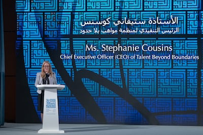 Stephany Cousins, chief executive of Talent Beyond Boundaries, accepted the award and Dh500,000 cash prize on Wednesday. Photo: Sharjah Media Council