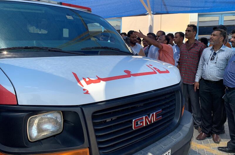DUBAI ,  UNITED ARAB EMIRATES , JUNE 08 – 2019 :- Relatives and friends of the Seventeen people who were died in the bus crashed on Thursday evening shifting their bodies in the ambulance to take at the airport at the Sonapur Embalming Centre in Dubai. ( Pawan Singh / The National ) For News/Online/Instagram