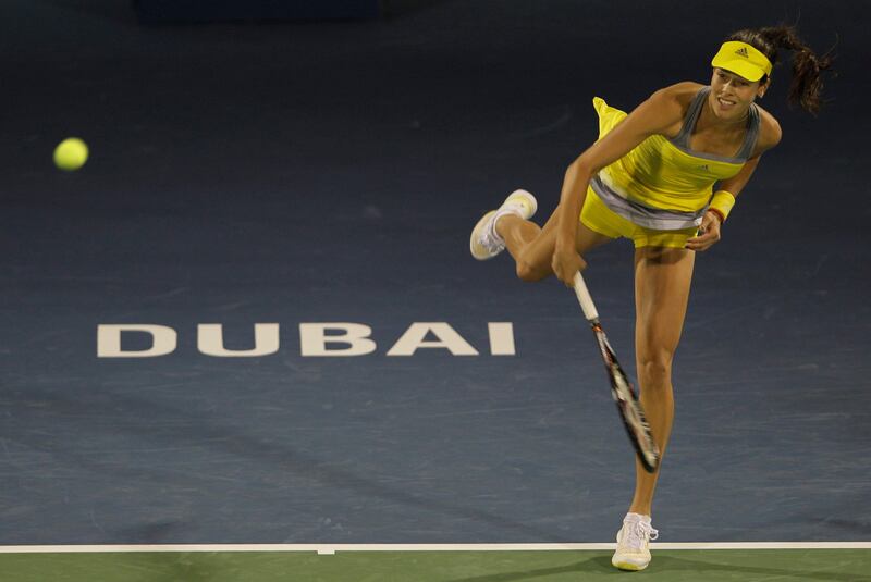 Serbia's Ana Ivanovic serves the ball to Russia's Anastasia Pavlyuchenkova during the first day of the Dubai Duty Free Tennis Championships in Dubai, United Arab Emirates, Monday, Feb. 18, 2013. (AP Photo/Kamran Jebreili) *** Local Caption ***  Mideast Emirates Dubai Tennis Championships.JPEG-0694f.jpg