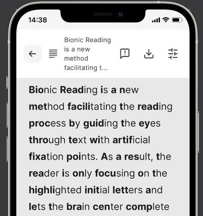 The Bionic Reading app highlights key letters in words to allow the brain to digest information more quickly. Photo: Bionic Reading